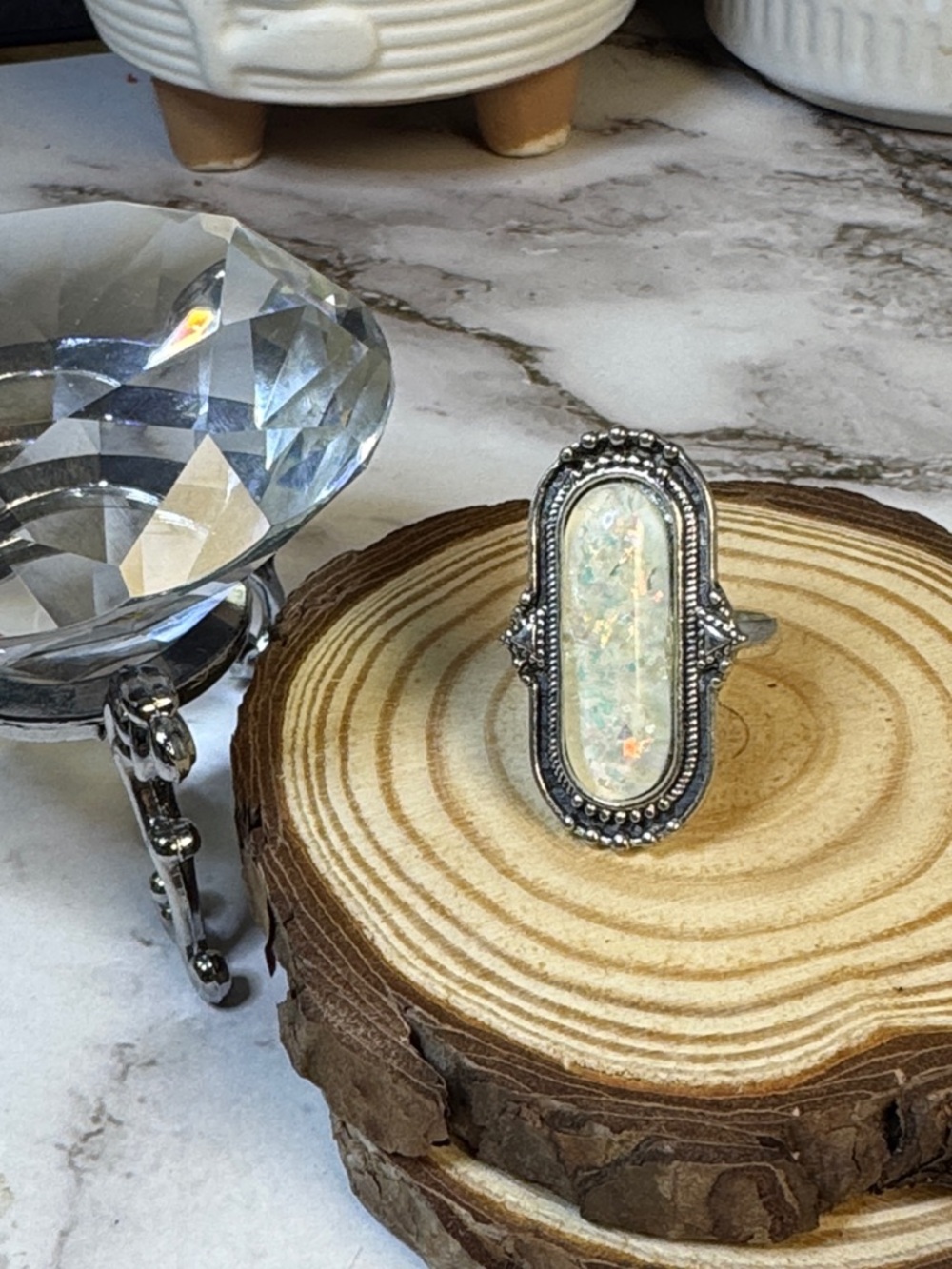 Iridescent Vintage Yellow Opal-Style Stainless Steel Adjustable Ring